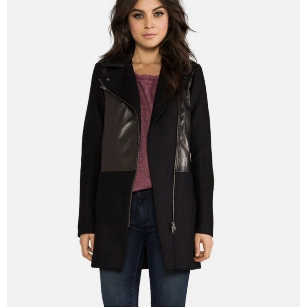 Soia & Kyo Enya Wool Genuine Leather Trim Moto Coat in Black sz XS